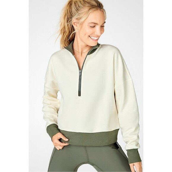 Fabletics Women's Sz M Katarina Cream & Green Half Zip Pullover Teddy Jacket - Picture 1 of 7